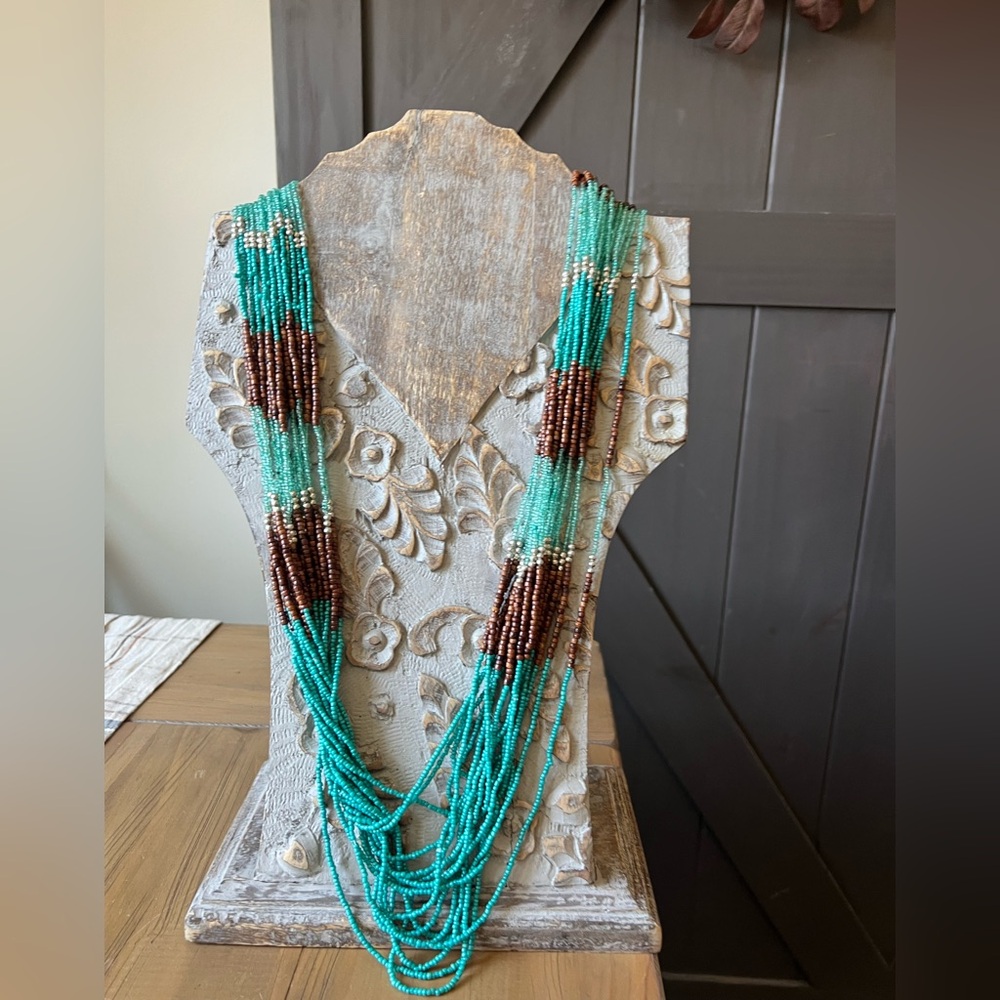 Aqua blue and brown multi strand statement necklace